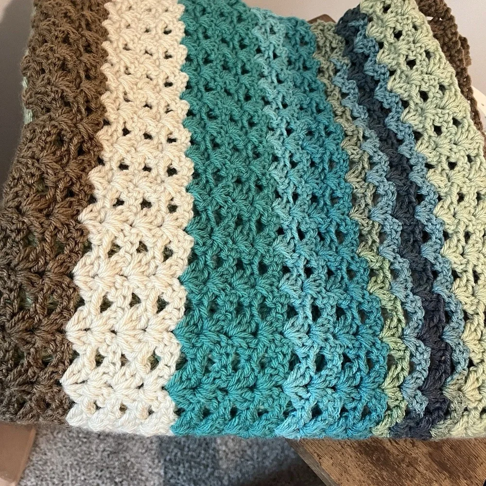 Crocheted Striped Throw Blanket afghan 65 x 28 earth tone cottage core